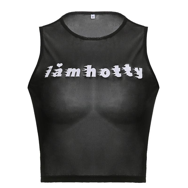 Sheer mesh see through "i am hotty" pattern contrast sleeveless crop top