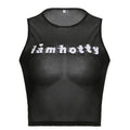 Sheer mesh see through "i am hotty" pattern contrast sleeveless crop top