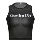 Sheer mesh see through "i am hotty" pattern contrast sleeveless crop top