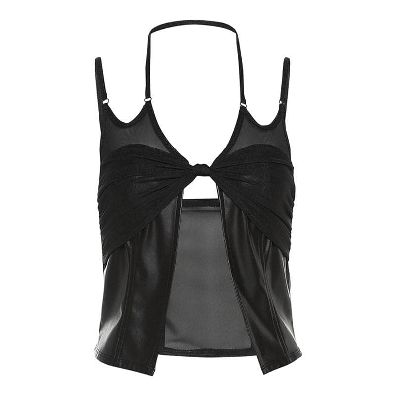 Mesh knotted PU leather patchwork halter solid v neck crop top
