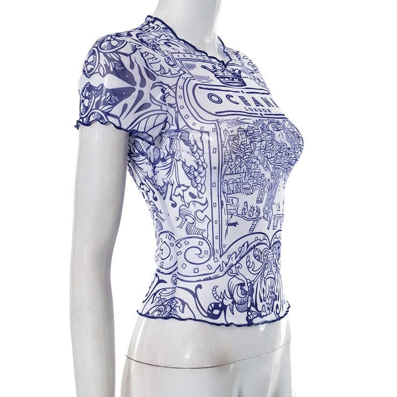 Short sleeve ruffle sheer mesh see through abstract top