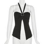 Slit ruched buckle solid heart neck halter top