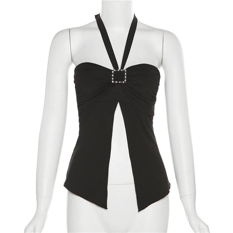 Slit ruched buckle solid heart neck halter top