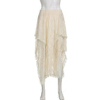 Irregular lace ruffle solid midi skirt