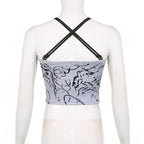 Cross back buckle u neck backless contrast print crop top