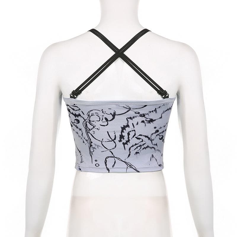 Cross back buckle u neck backless contrast print crop top