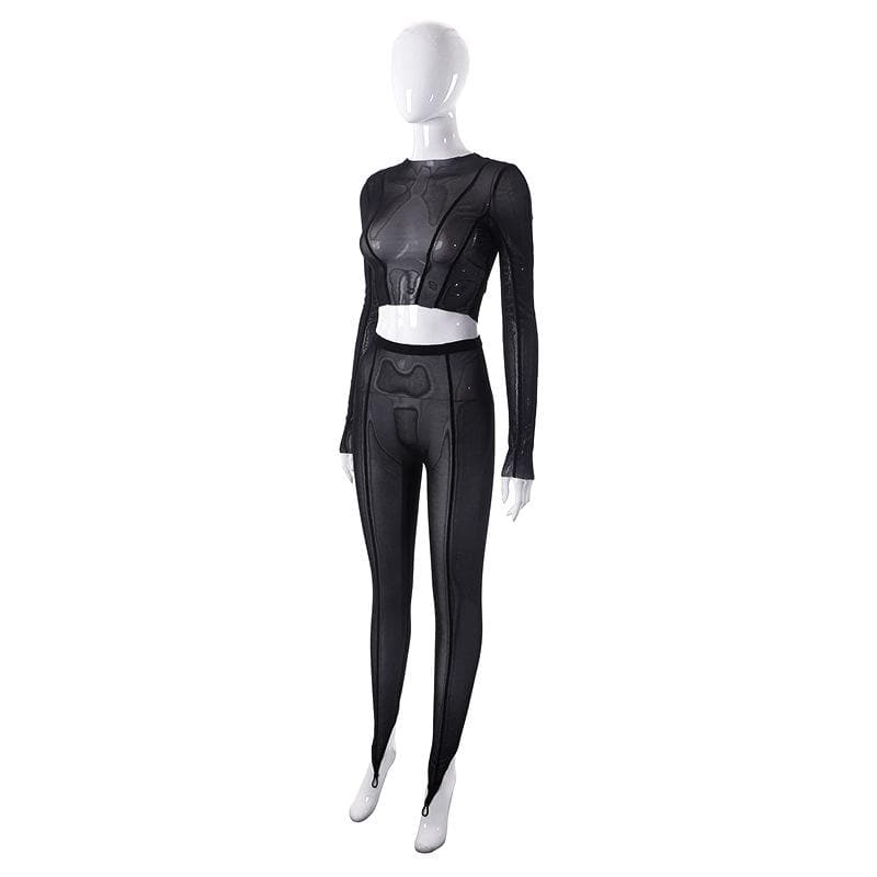 Completo pantaloni girocollo a maniche lunghe trasparenti in rete trasparente