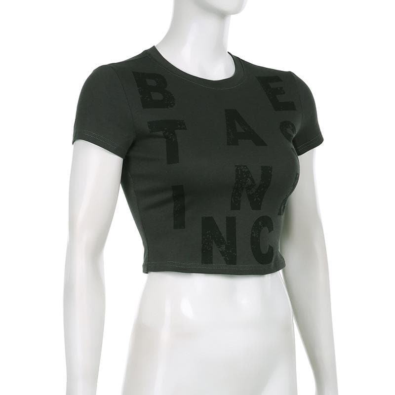 Kurzärmliges Crop-Top mit Rundhalsausschnitt und Kontrastdruck 