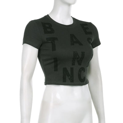 Kurzärmliges Crop-Top mit Rundhalsausschnitt und Kontrastdruck 