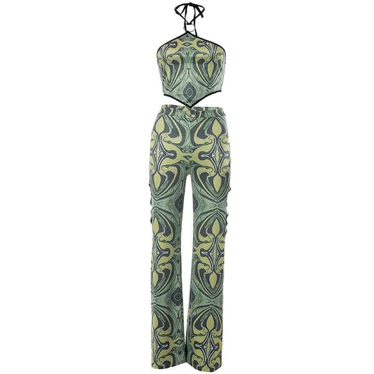 Halter o ring hollow out backless contrast print pant set