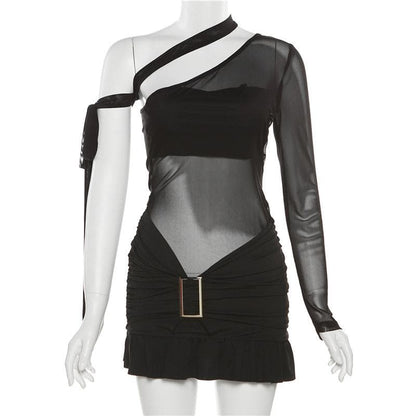 Minikleid aus Netzstoff mit unregelmäßiger Rüschenpartie und One-Shoulder-Träger