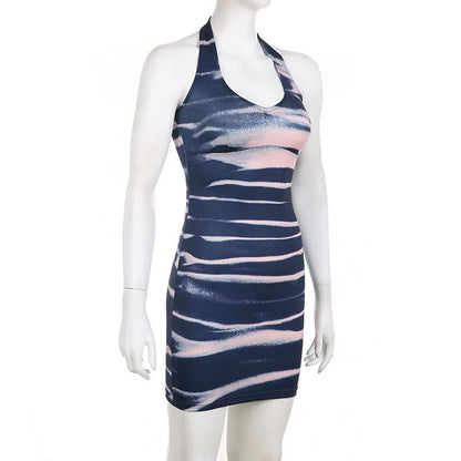 Batik-Neckholder-Minikleid mit U-Ausschnitt und rückenfreiem Kontrast