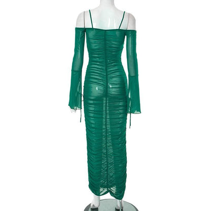 Schulterfreies, durchsichtiges Maxikleid aus transparentem Netzstoff mit Rüschen und Selbstschnürung 