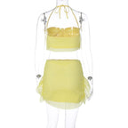 Halter self tie backless fishnet solid tube mini skirt set
