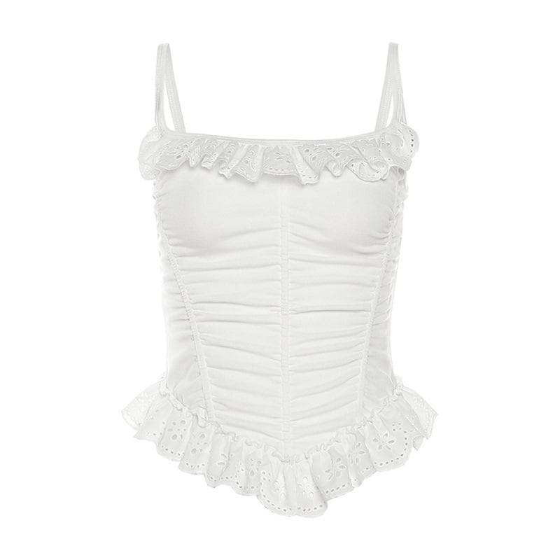 Square neck lace hem backless ruched corset solid cami top