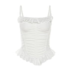 Square neck lace hem backless ruched corset solid cami top