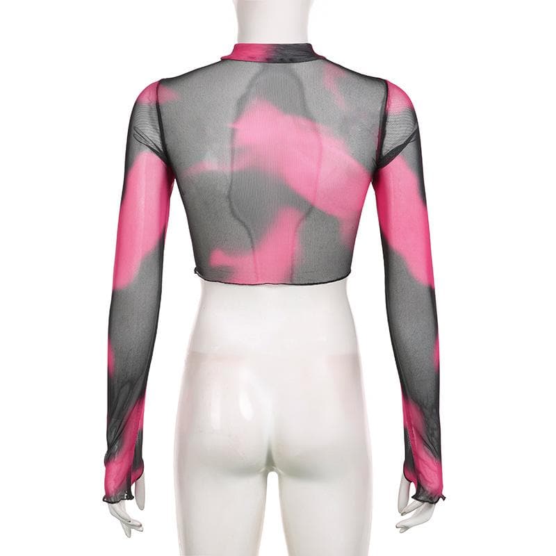 Long sleeve high neck gloves tie dye mesh crop top