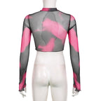 Long sleeve high neck gloves tie dye mesh crop top