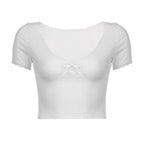 Short sleeve v neck ribbed lace hem solid crop top