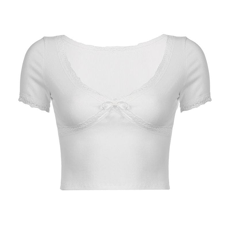 Short sleeve v neck ribbed lace hem solid crop top