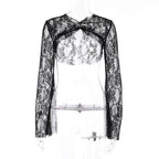 Flared sleeve ruched lace solid shrug top