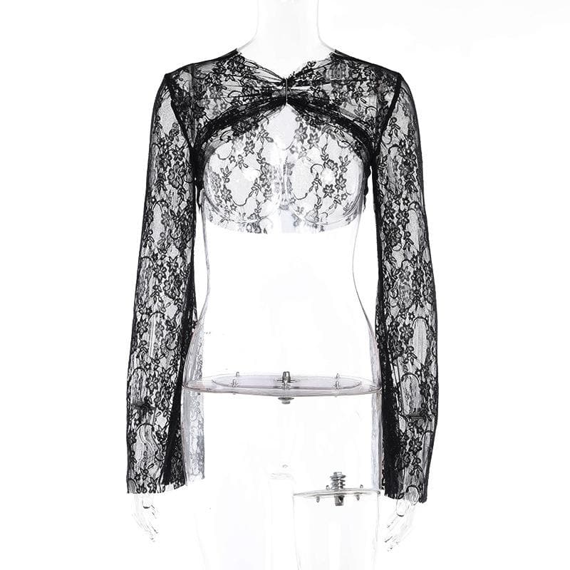 Flared sleeve ruched lace solid shrug top