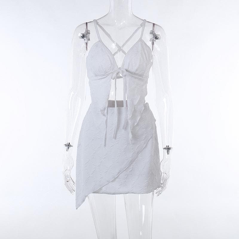 Textured solid cross back self tie backless v neck mini skirt set
