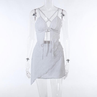 Textured solid cross back self tie backless v neck mini skirt set
