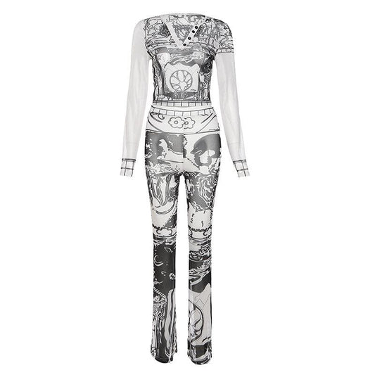 Completo pantaloni con stampa astratta a maniche lunghe e scollo a V con bottoni in rete trasparente 