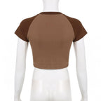 Abstract Print Patchwork Contrast Short Sleeve Crewneck Crop Top