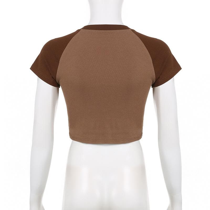 Abstract Print Patchwork Contrast Short Sleeve Crewneck Crop Top