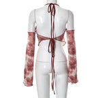 Halter off shoulder self tie ruffle long sleeve backless tie dye top