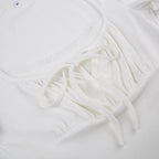 Ruched short sleeve patchwork solid lace hem self tie top