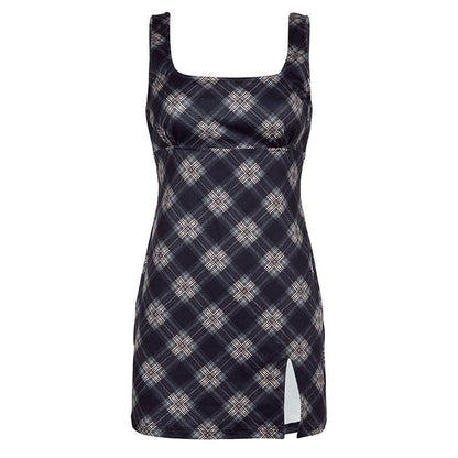 Plaid contrast square neck slit zip-up sleeveless mini dress