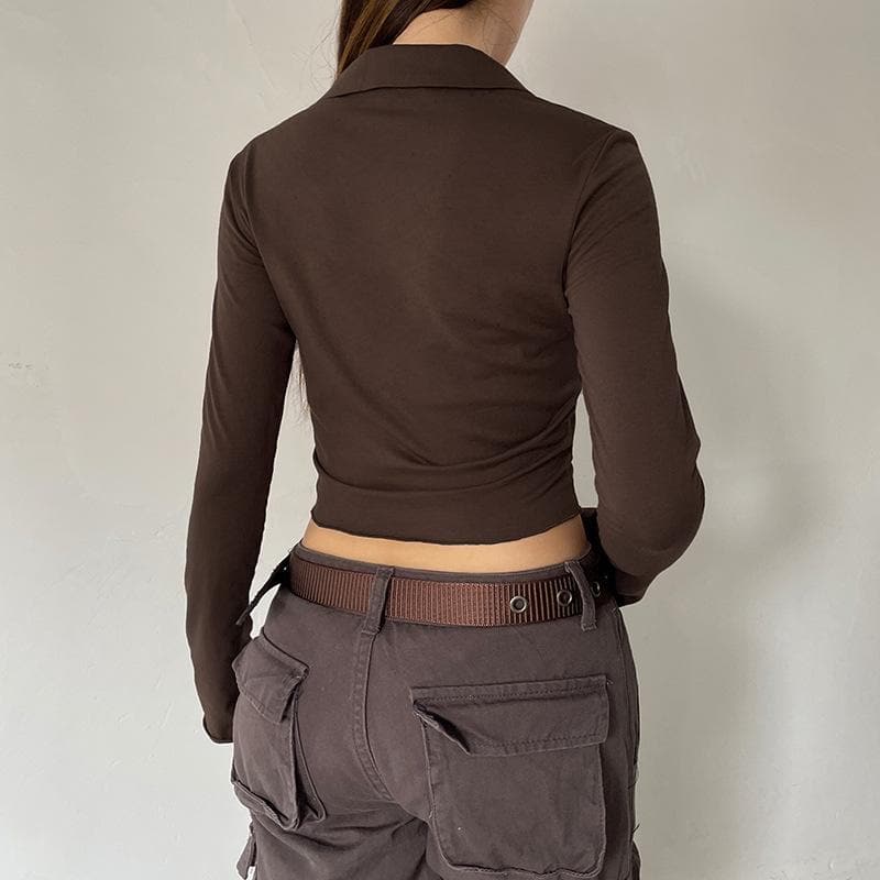 Long sleeve contrast turnover collar butterfly pattern lace up crop top - Final Sale