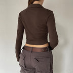 Long sleeve contrast turnover collar butterfly pattern lace up crop top - Final Sale