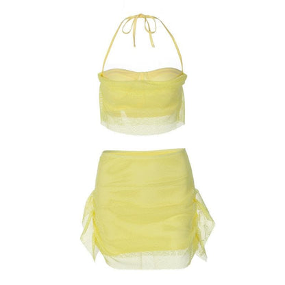 Halter self tie backless fishnet solid tube mini skirt set