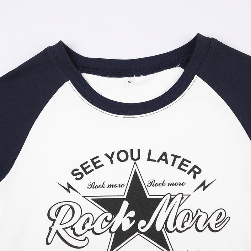 Crewneck star pattern patchwork short sleeve contrast top