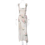 Square neck sleeveless flower print ruched slit maxi skirt set