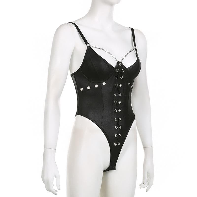 Metal chain lace up mesh low cut backless bodysuit