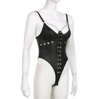 Metal chain lace up mesh low cut backless bodysuit