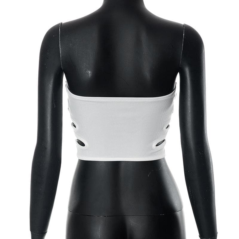 Hollow out backless solid ribbed tube crop top