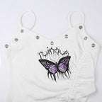 Irregular v neck drawstring ribbed butterfly pattern cami top