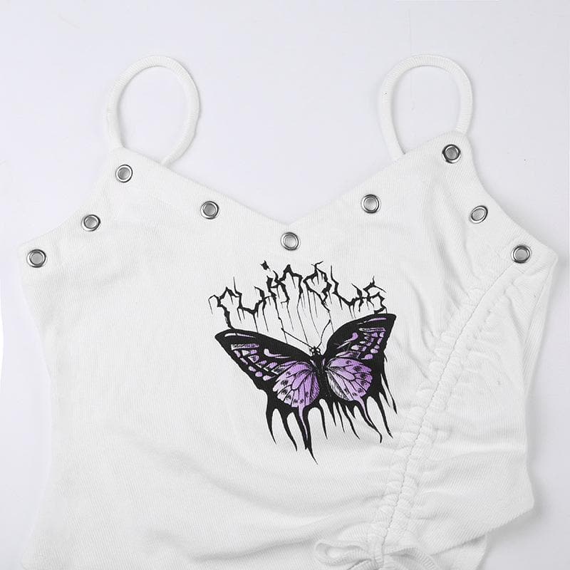 Irregular v neck drawstring ribbed butterfly pattern cami top