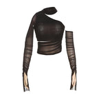 Solid off shoulder sheer mesh see through irregular hollow out crop top