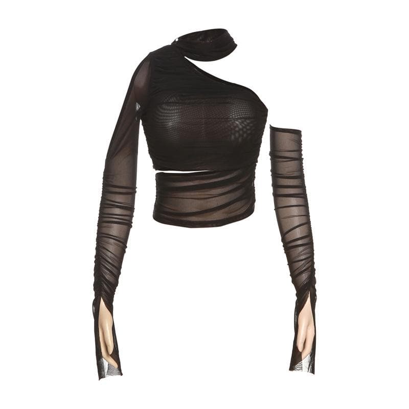 Solid off shoulder sheer mesh see through irregular hollow out crop top
