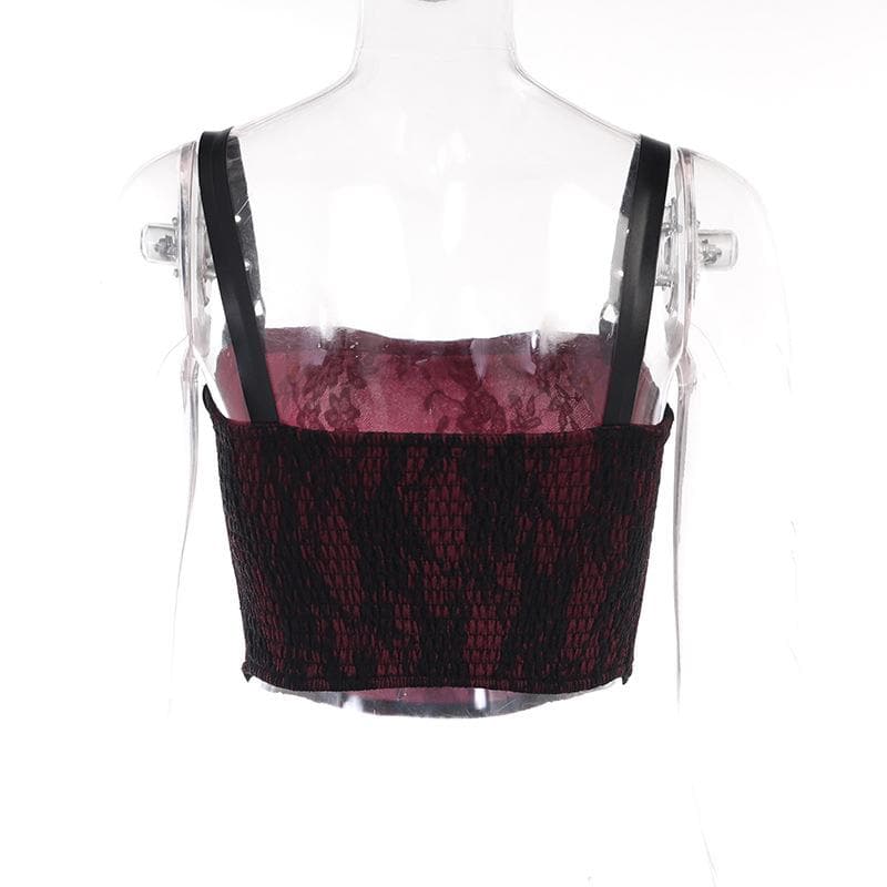Top corto con scollo quadrato, schiena scoperta, pizzo smock e fibbia a contrasto 