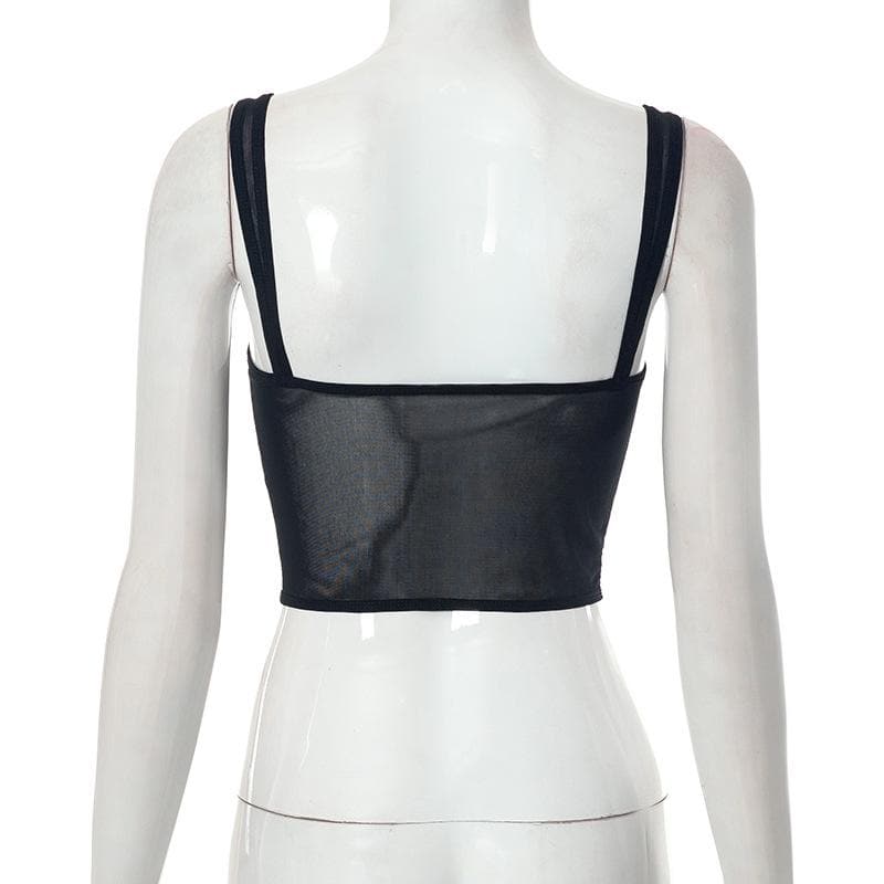 Mesh sleeveless solid backless v neck crop top
