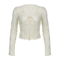 Lace solid long sleeve self tie see through top