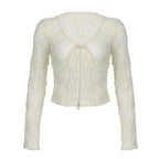 Lace solid long sleeve self tie see through top